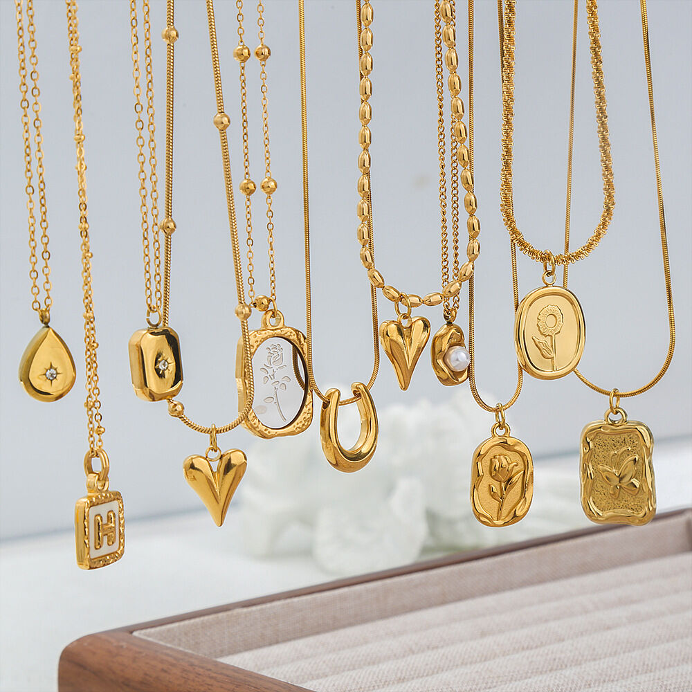 Elegant Flower Droplet Heart Rectangle Stainless Steel Waterproof   Gold Color  Women's Pendant Necklaces