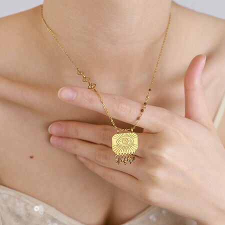 Retro Devil's Eye Stainless Steel Waterproof Gold Color Natural Stone Women's Pendant Necklaces