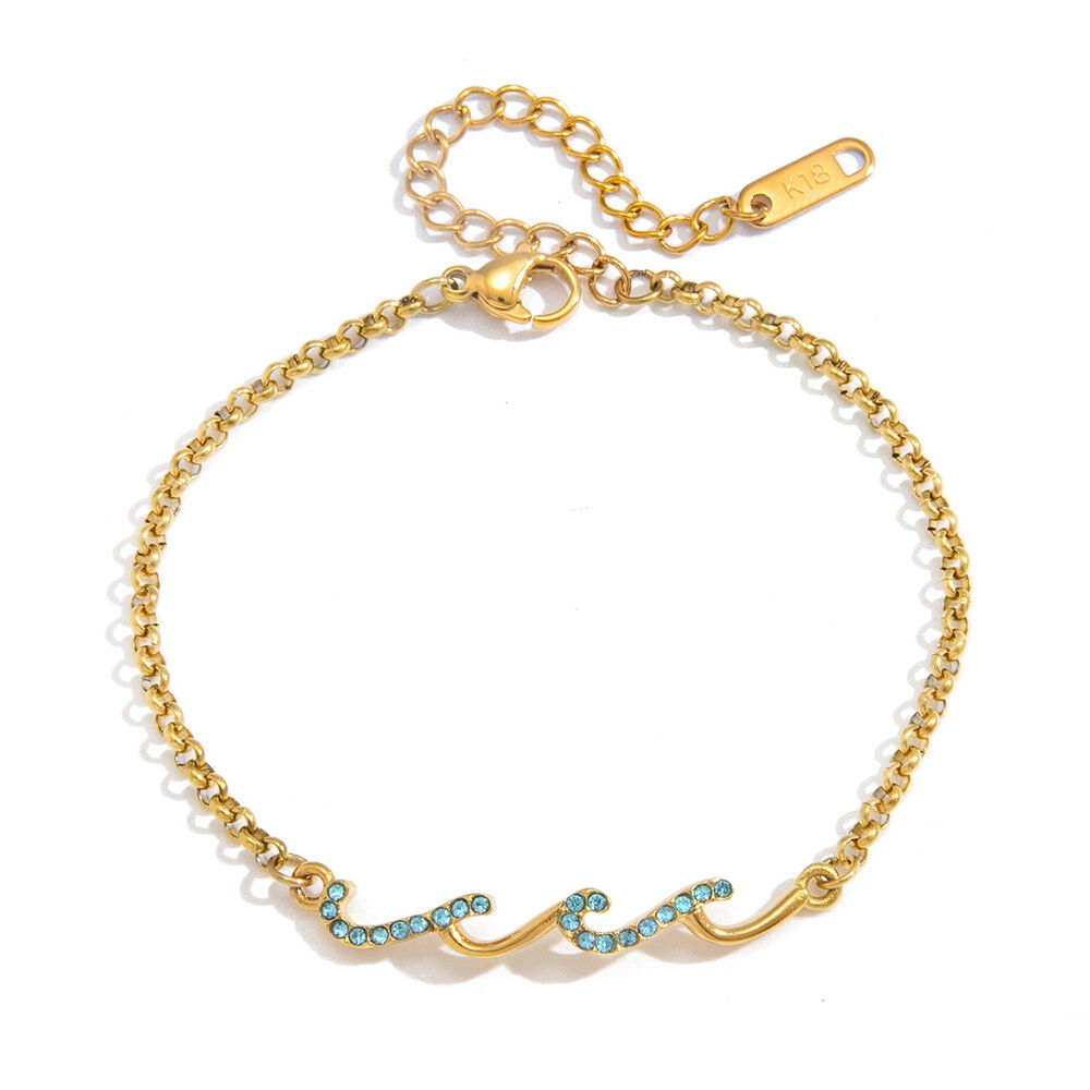 Simple Irregular Shape Stainless Steel Waterproof Gold Color Blue Rhinestone Women's Chain Bracelets h5Picture5