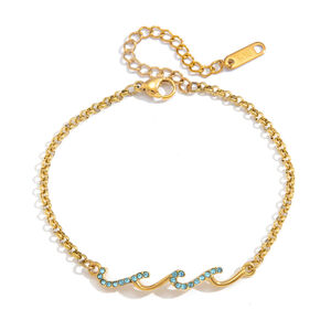 Simple Irregular Shape Stainless Steel Waterproof Gold Color Blue Rhinestone Women's Chain Bracelets h5 Picture5