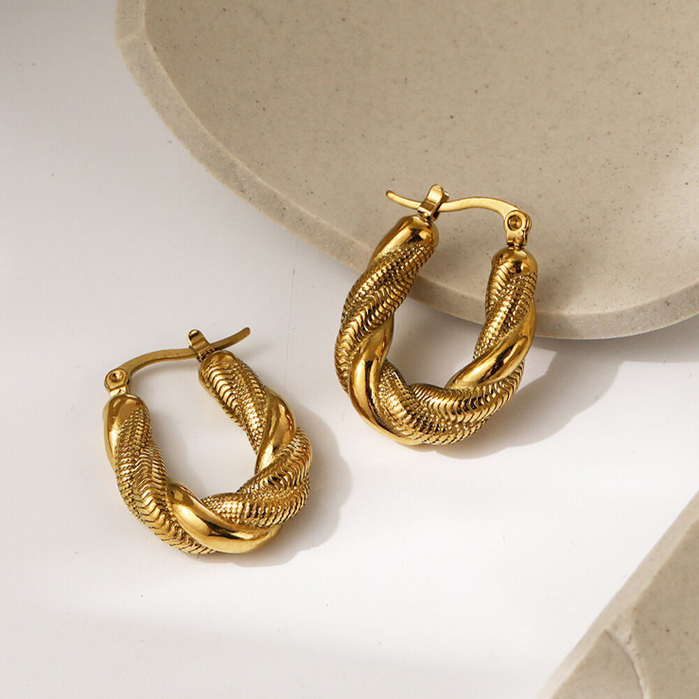 Simple Series Retro Twist Thread Titanium Steel Gold Color Women's Hoop Earrings h5Picture4