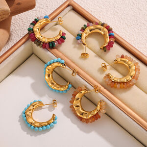 Retro Circle Titanium Steel Gold Color Natural Stone Women's Hoop Earrings h5 Picture3