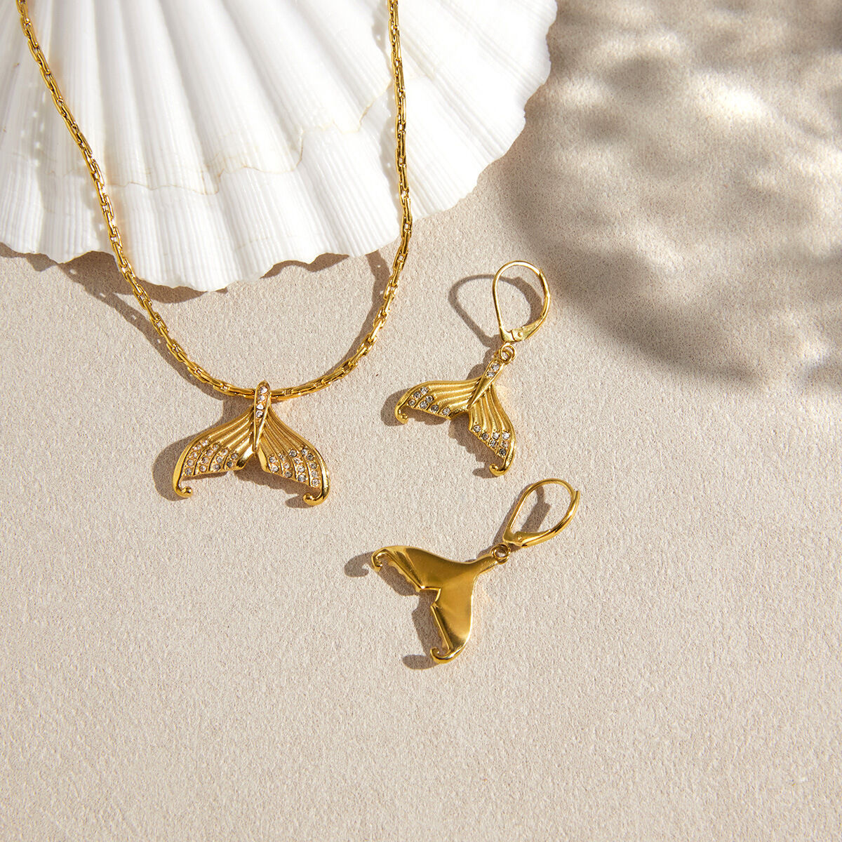 Vacation Mermaid Shape Stainless Steel Waterproof Gold Color Women's Necklaces Sets 2
