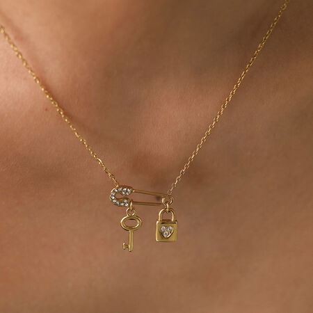 Simple Heart Lock Shape Stainless Steel Waterproof Gold Color Rhinestone Women's Pendant Necklaces 2