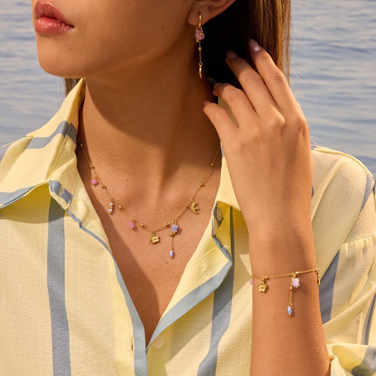 Simple Series Daily Flower Stainless Steel Waterproof   Gold Color  Women's Jewelry Sets
