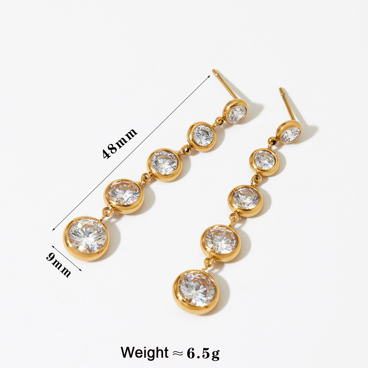 Luxe serie kwastjes, cirkelvormige, waterdichte, goudkleurige oorbellen met zirkonia voor dames. Afbeelding2