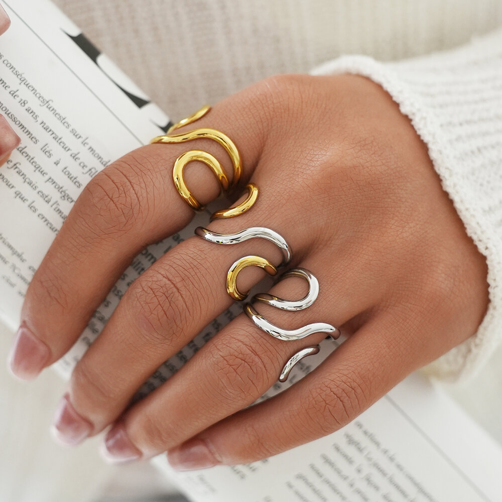 Minimalist Irregular Shape Stainless Steel Waterproof Gold Color Statement Rings Picture6
