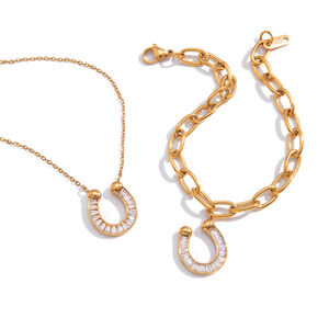 Simple Horseshoe-Shaped Stainless Steel Waterproof Gold Color Zircon Women's Necklaces Sets h5 Picture7