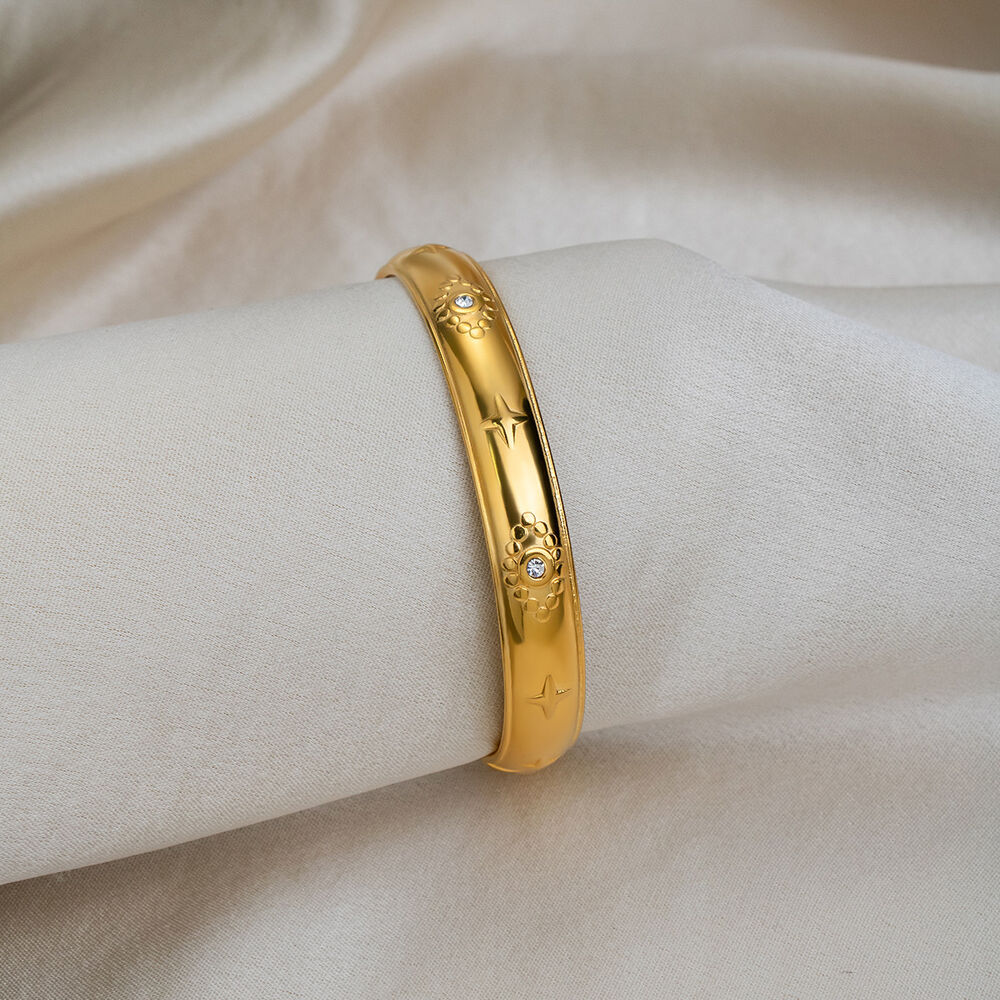 Luxuriöse, runde, wasserdichte Armreifen aus Edelstahl in Goldfarbe für Damen h5Bild3