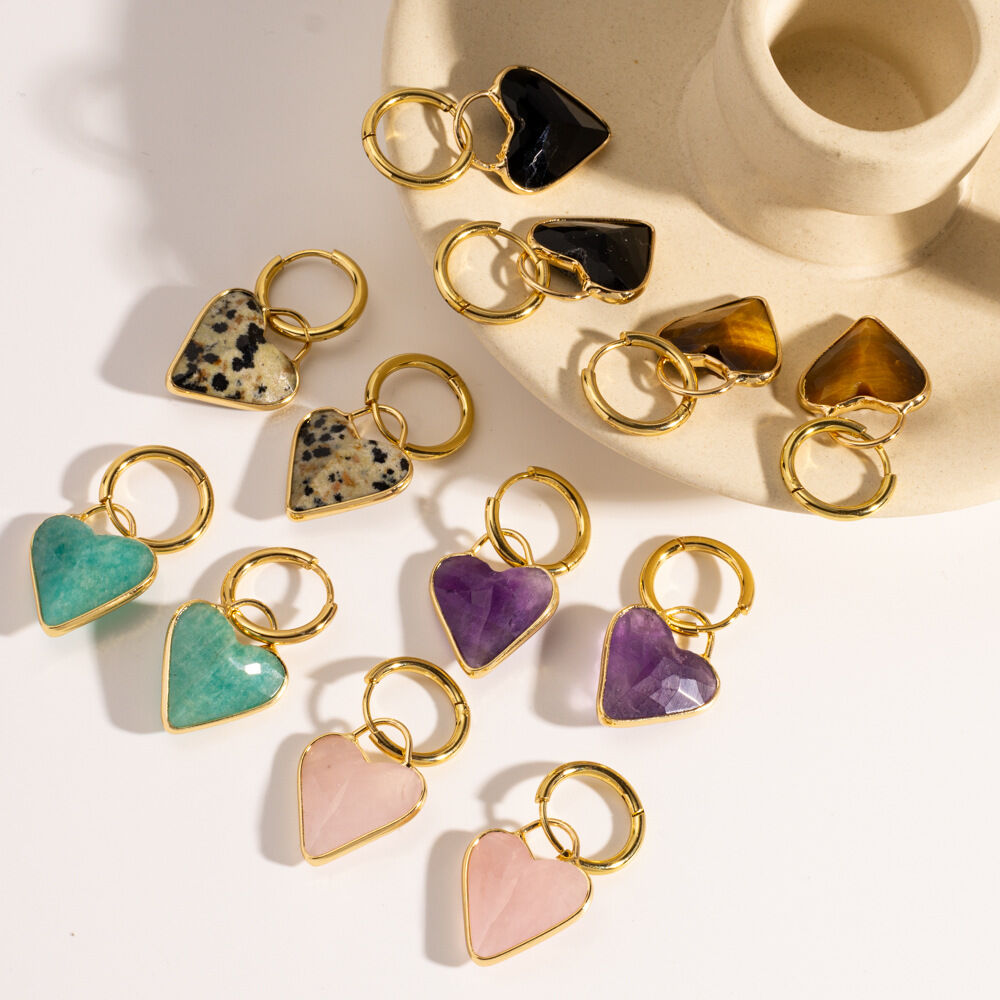 Simple Series Retro Heart Stainless Steel Waterproof   Gold Color  Natural Stone Women's Hoop Earrings Picture4