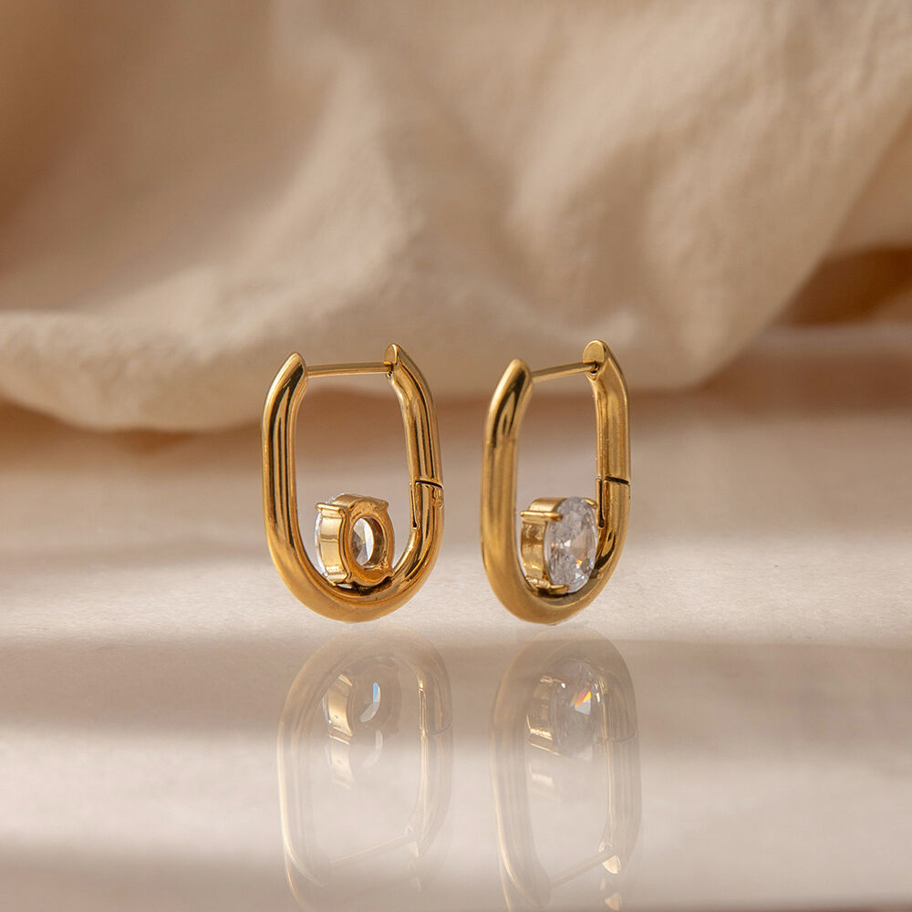 Droplet Circle Stainless Steel Waterproof Gold Color Zircon Women's Hoop Earrings Picture3