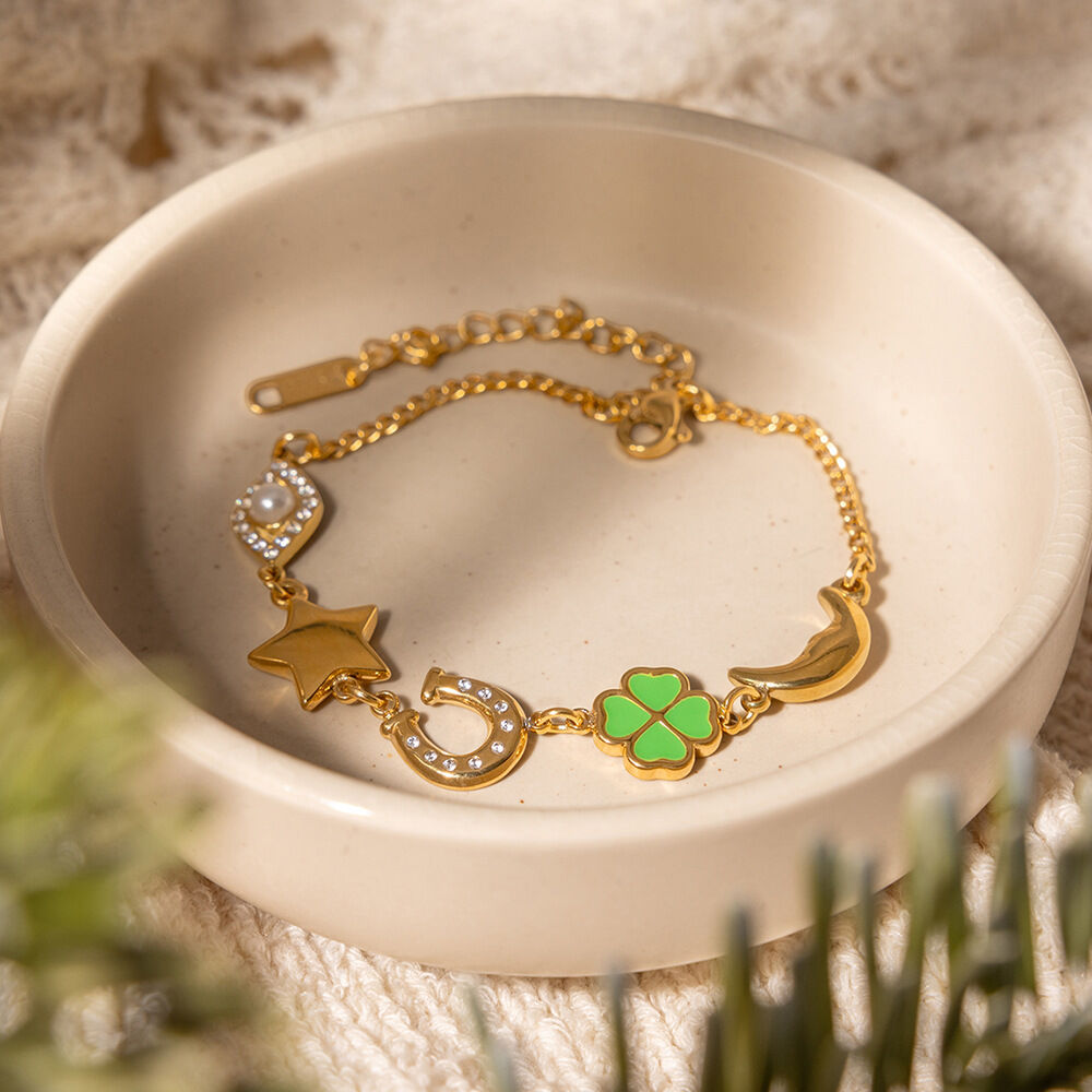 Niedliches Kleeblatt-Armband aus Edelstahl in Goldfarbe, wasserfest und anlaufgeschützt, für Damen h5Bild4
