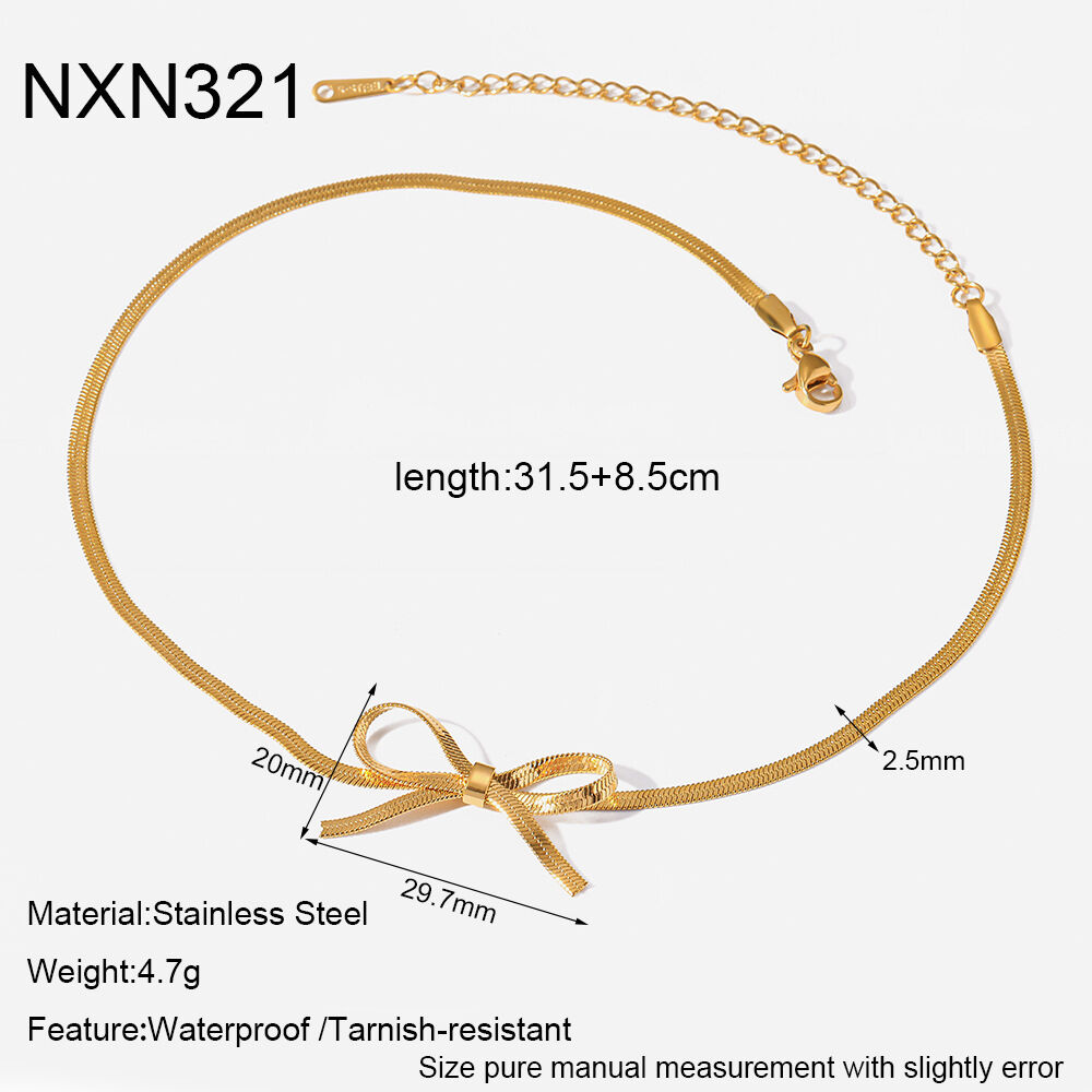 Simple  Elegant Bow Knot Stainless Steel Waterproof   Gold Color  Women's Pendant Necklaces h5 