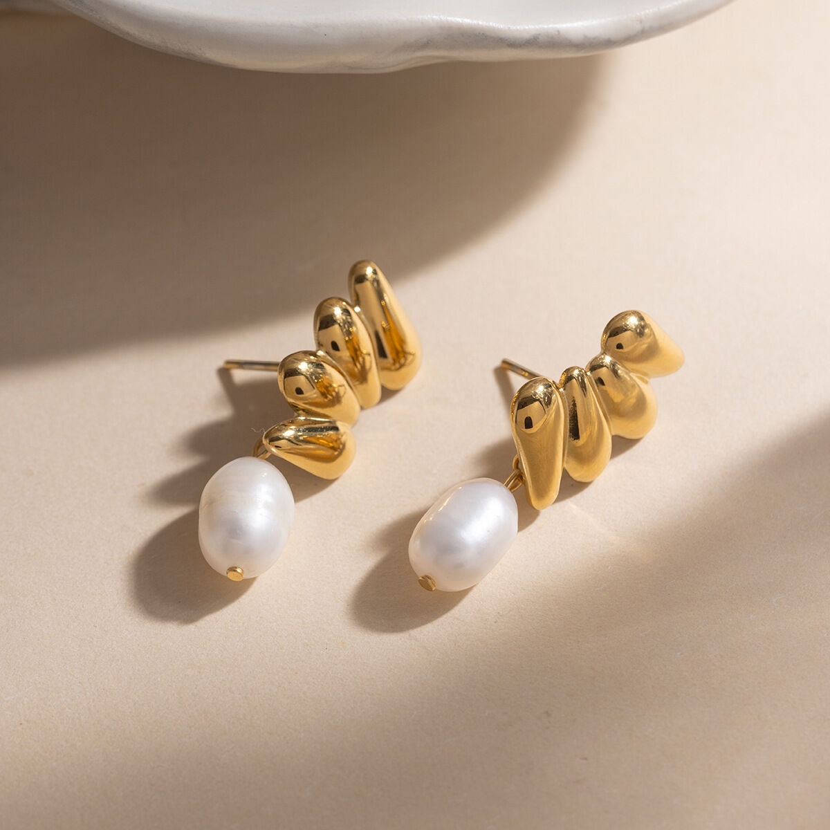 Elegant Stainless Steel Waterproof Gold Color Pearl Women's Drop Earrings 2