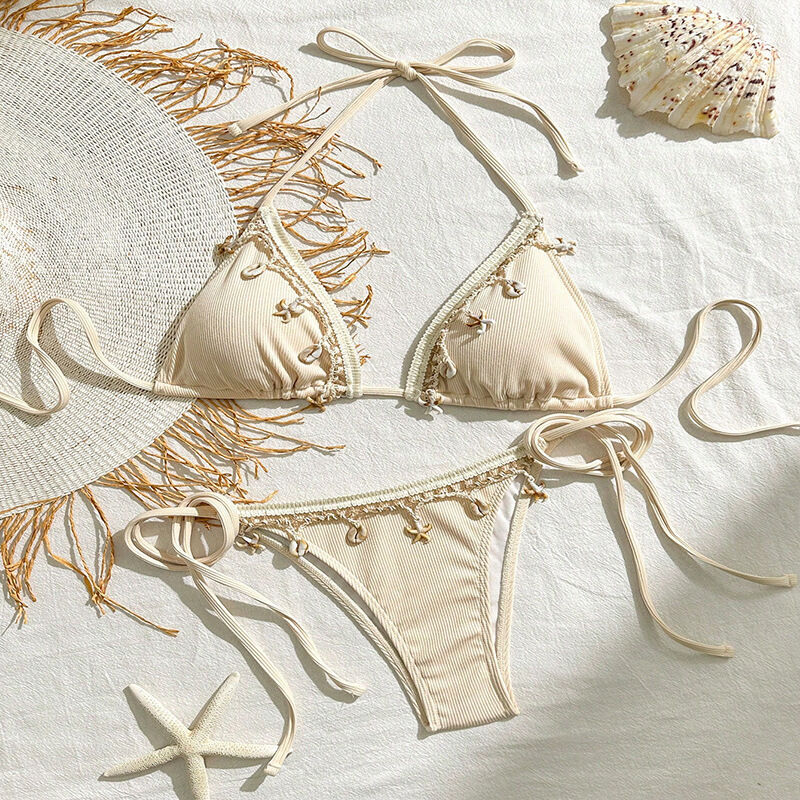 Vacation Ready Solid Color High Stretch Shell Pendant Polyester Bikini Set