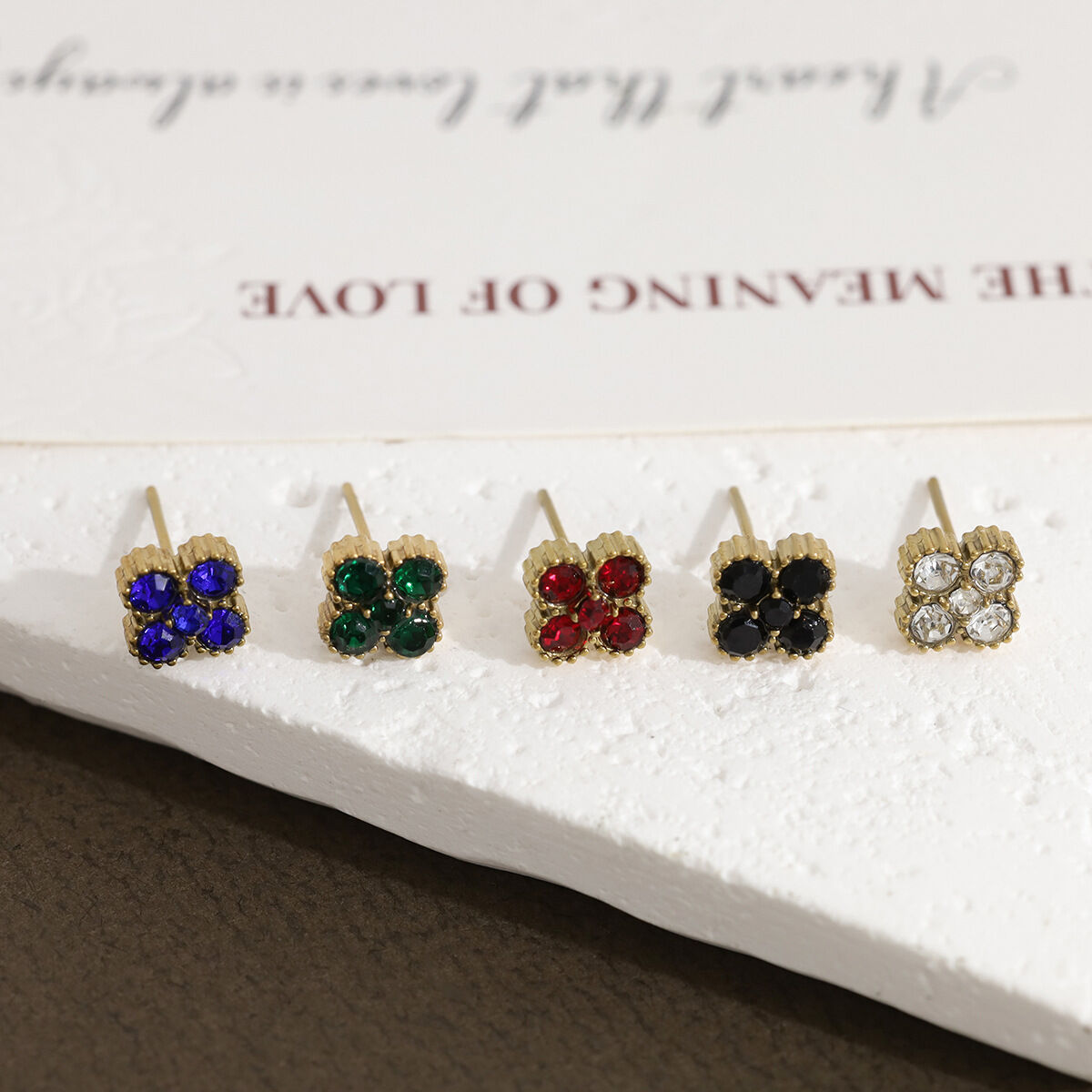 Clover Stainless Steel Gold Color Crystal Women's Stud Earrings 2