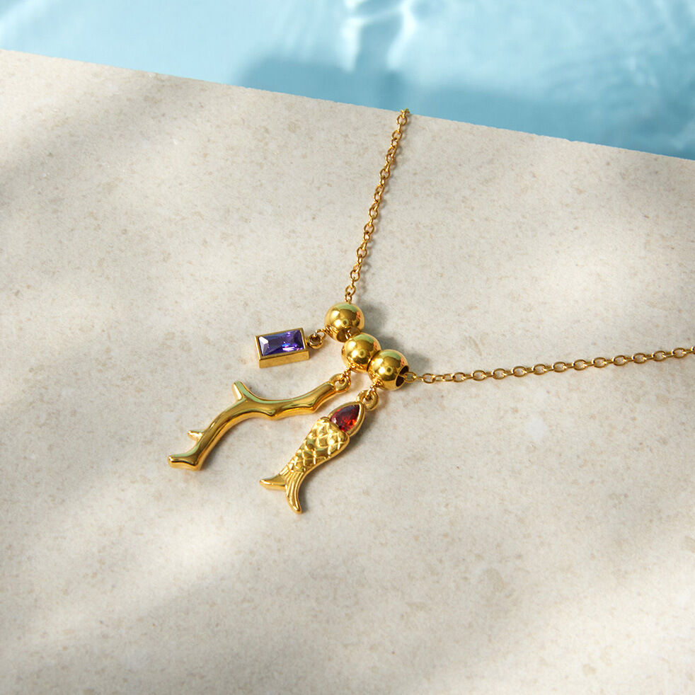 Collar con colgante de circonita color oro, resistente al agua, con diseño de pez vacacional para mujer.