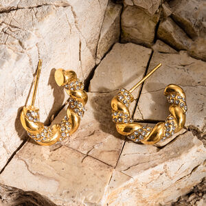 Luxuriöse, elegante, gedrehte, wasserdichte, goldfarbene Strass-Ohrringe aus Edelstahl für Damen h5 Bild2