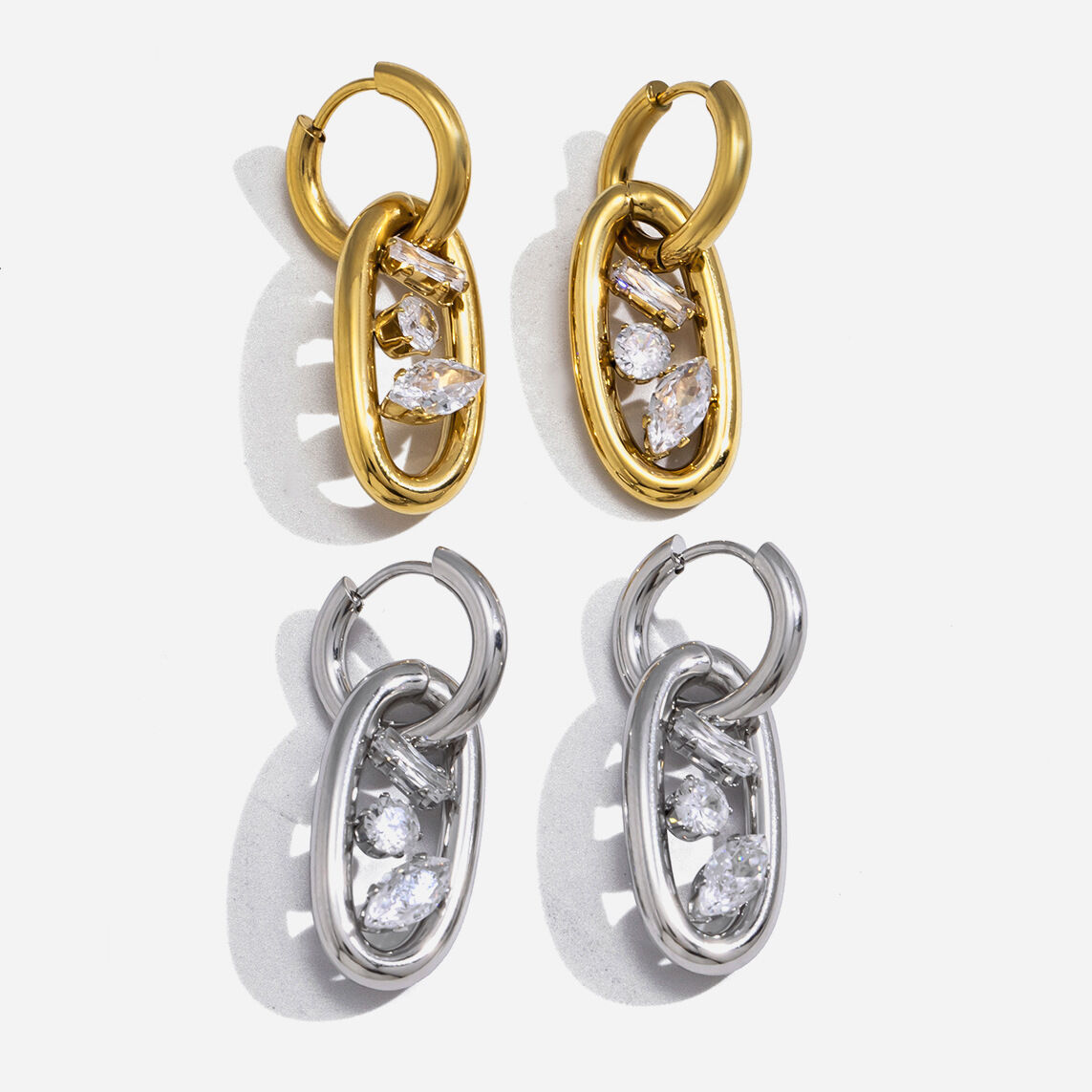 Simple Irregular Shape Stainless Steel Waterproof Gold Color Zircon Women's Drop Earrings