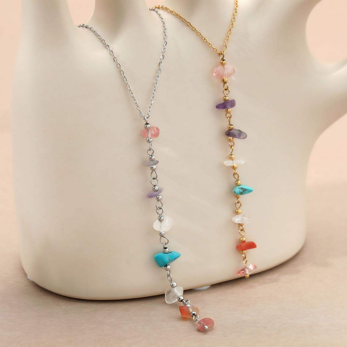 Elegant Beads Stainless Steel Waterproof Gold Color Natural Stone Women's Pendant Necklaces