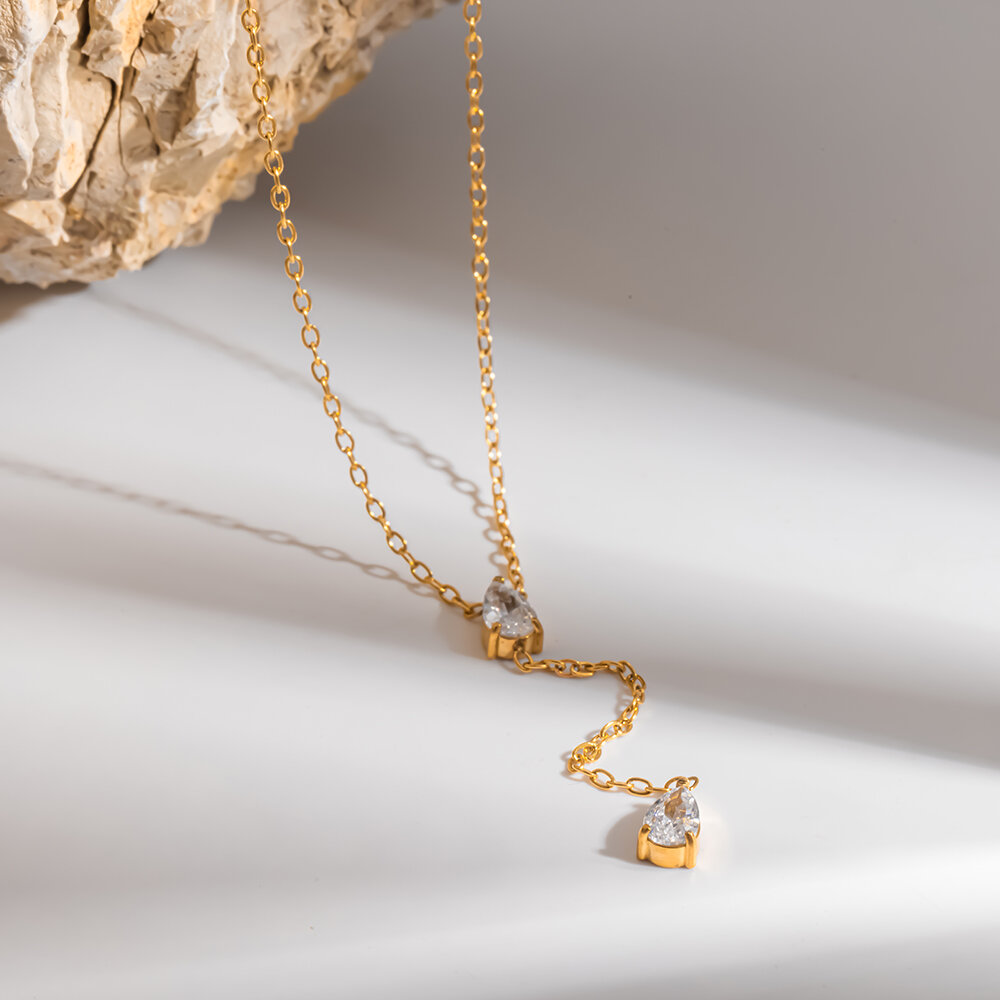 Simple  Luxury Droplet Stainless Steel Waterproof   Gold Color  Zircon Women's Pendant Necklaces