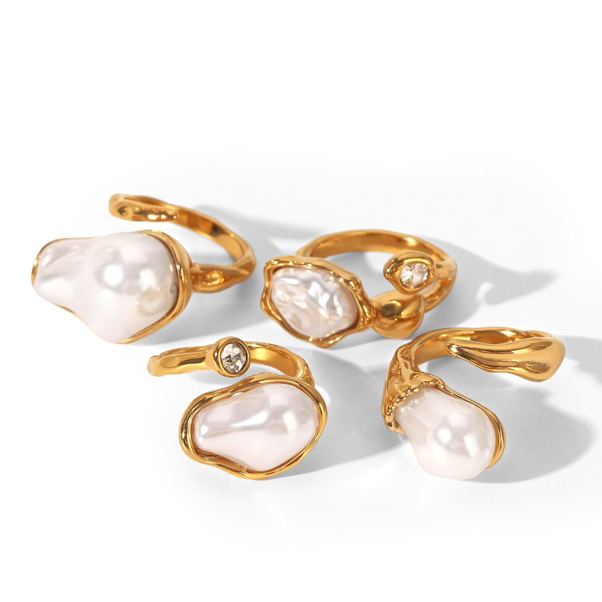 Retro Irregular Shape Stainless Steel Waterproof Gold Color Zircon Pearl Women's Gemstone Rings h5Picture6