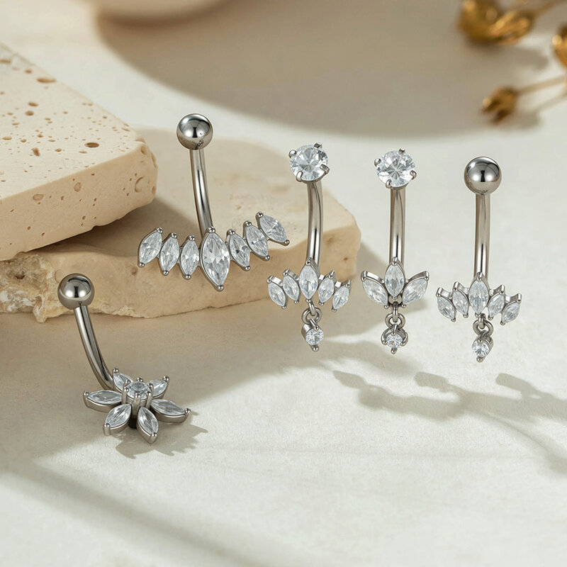 Flower Stainless Steel Waterproof Gold Color Zircon Navel Piercings Picture5