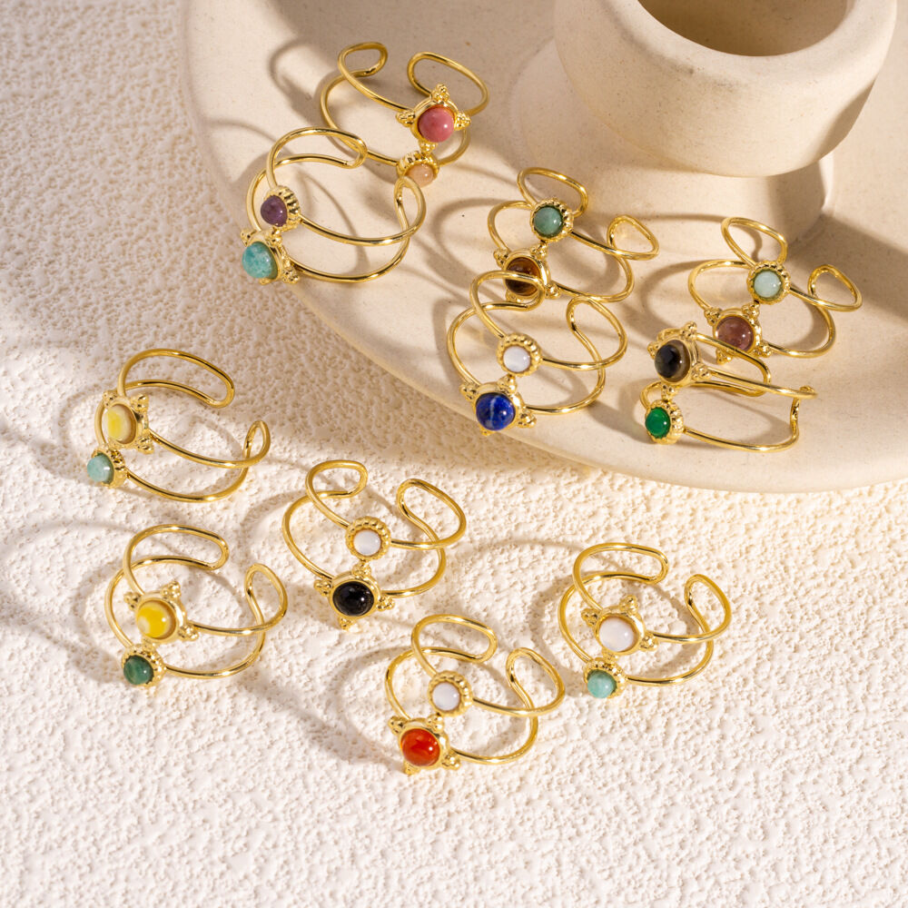 Eenvoudige serie retro ringen met onregelmatige vorm, gemaakt van roestvrij staal, waterdicht en goudkleurig, voor dames, met edelstenen. Afbeelding4