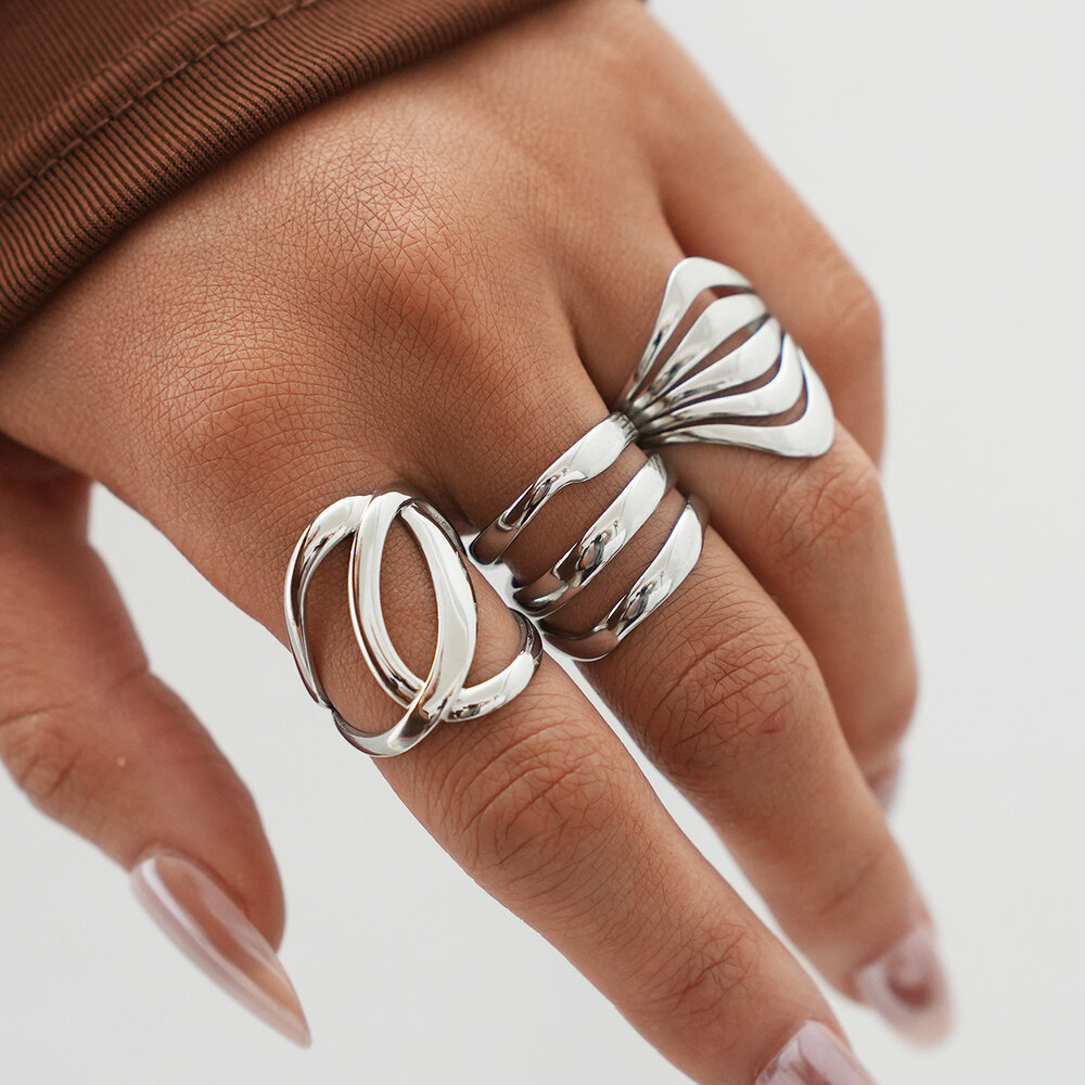 Simple Daily Irregular Shape Lines Stainless Steel Waterproof Gold Color Statement Rings Picture3
