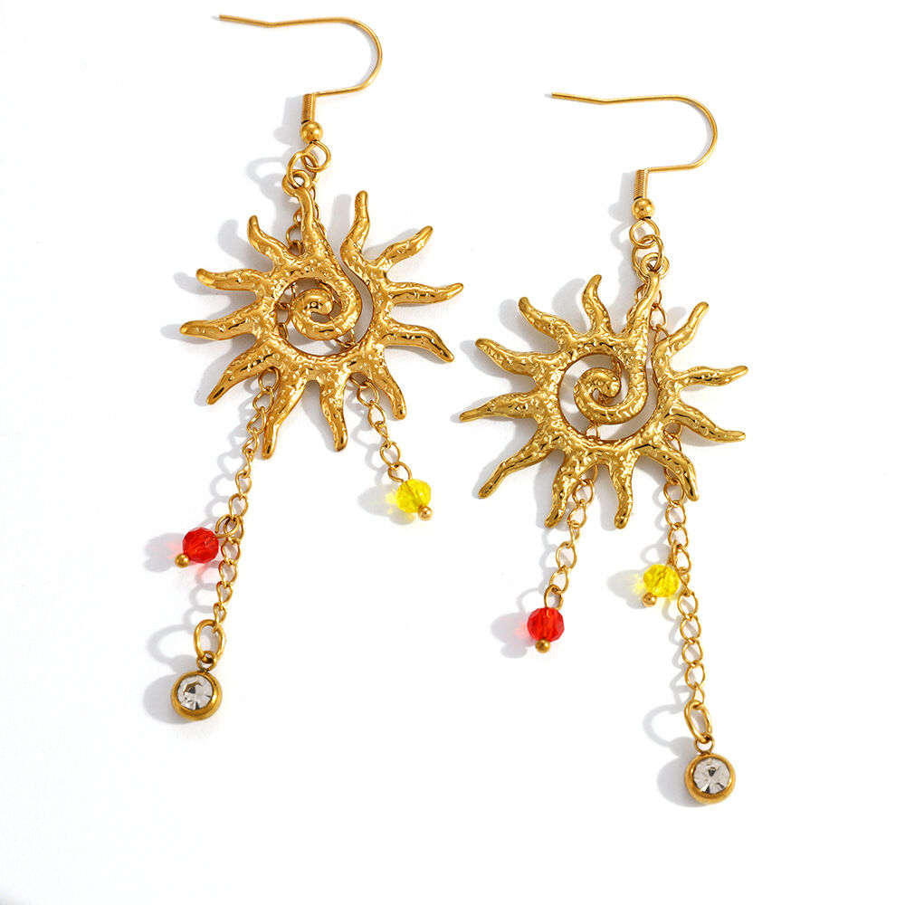 Vacation Sun Shape Stainless Steel Waterproof Gold Color Rhinestone Women's Dangle Earrings h5 Picture4