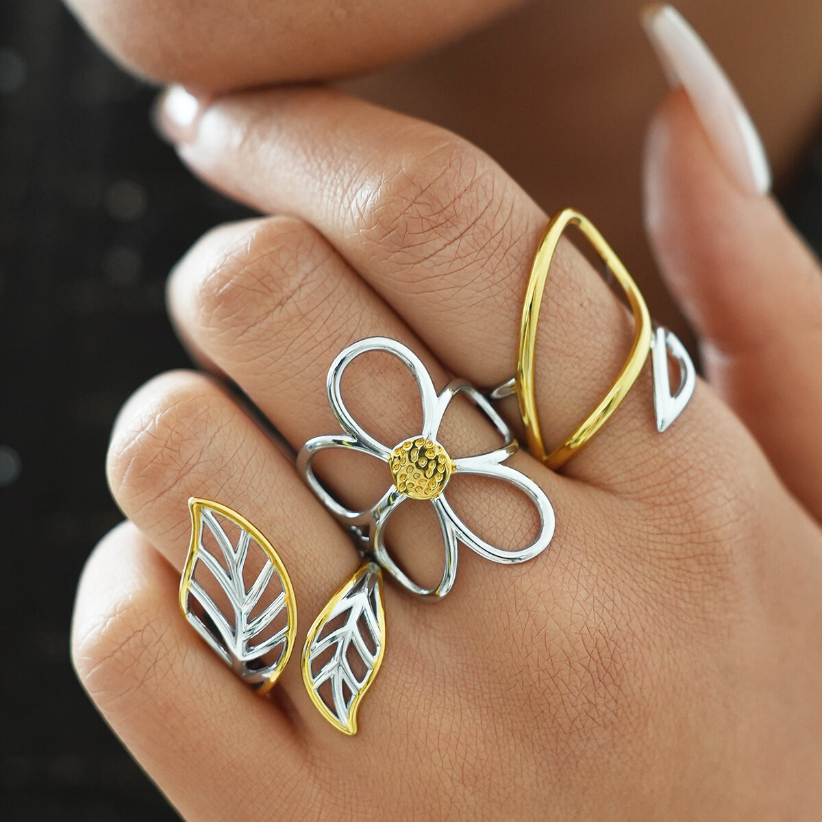 Simple  Daily Flower Leaf Stainless Steel Waterproof   Gold Color  Statement Rings Picture5