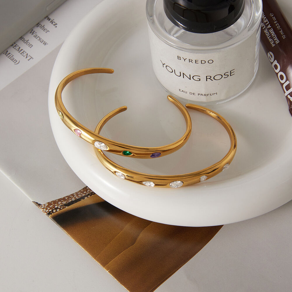 Classic Chain Stainless Steel Waterproof Gold Color Zircon Women's Cuff Bracelets Picture4