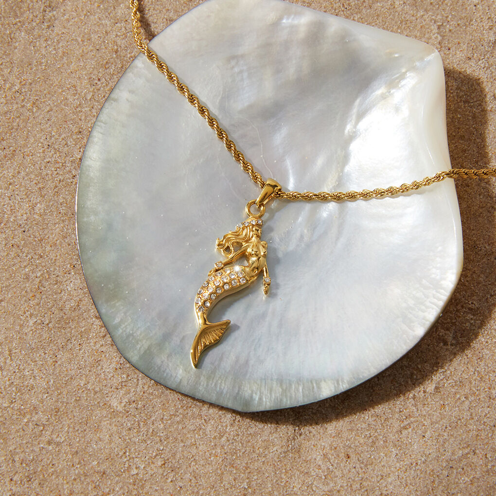 Collar con colgante de sirena para mujer, de acero inoxidable, resistente al agua, color dorado y circonita.