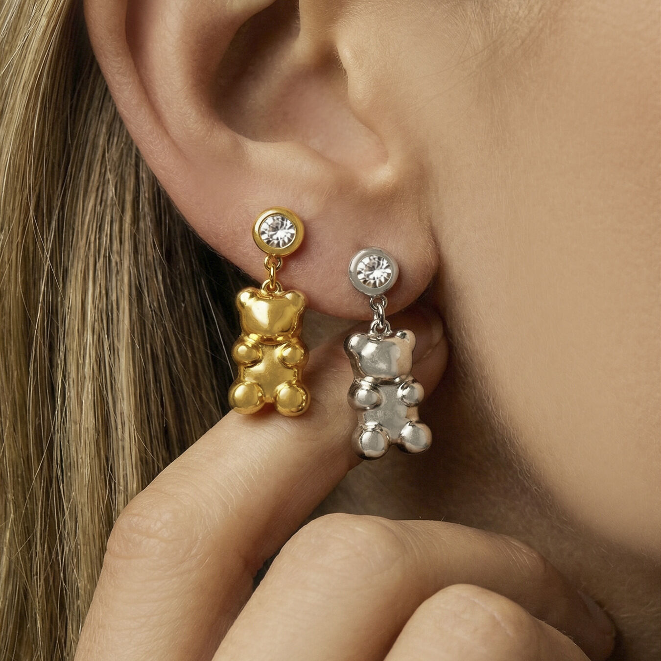 Cute Bear Stainless Steel Waterproof Gold Color Zircon Women's Drop Earrings Picture2