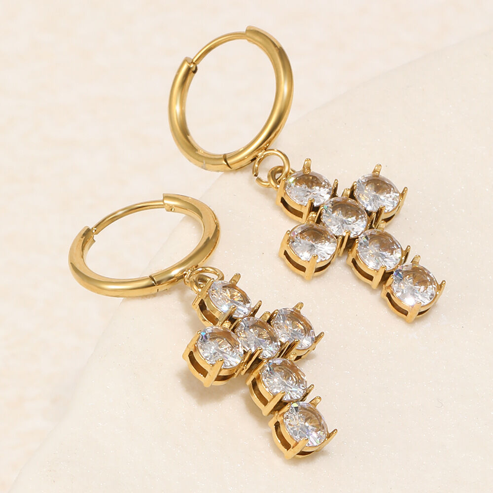 Simple Cross Stainless Steel Waterproof Gold Color Zircon Women's Drop Earrings