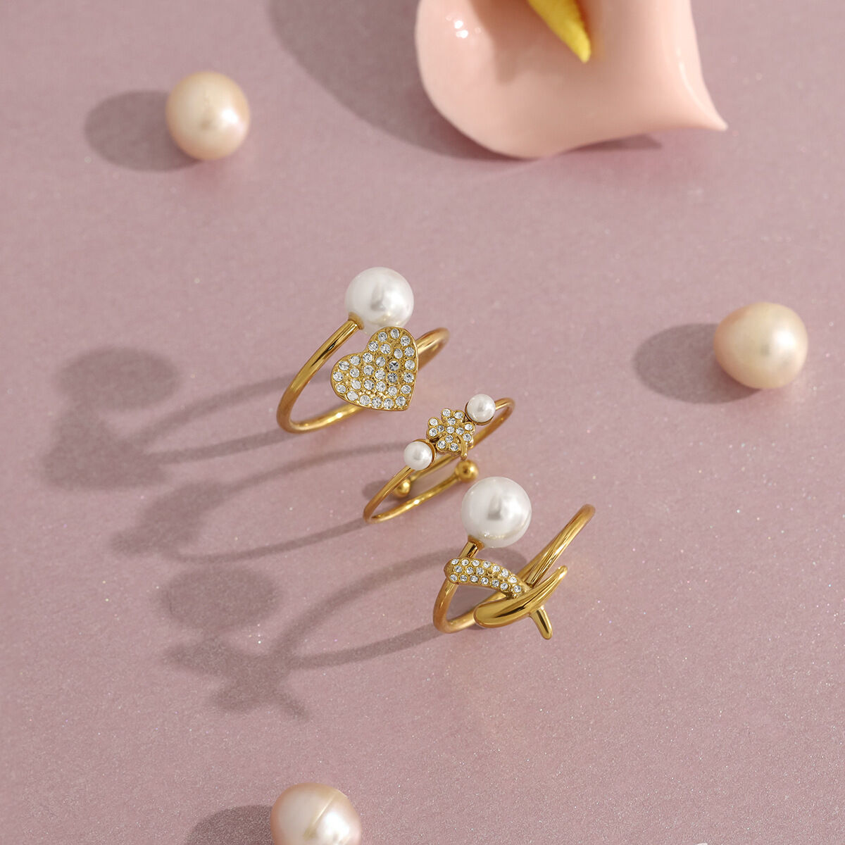 Simple Heart Clover Stainless Steel Waterproof Gold Color Crystal Artificial Pearl Women's Gemstone Rings Picture4