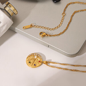 Retro Daily Circle Stainless Steel Waterproof Gold Color Zircon Women's Pendant Necklaces h5 Picture7