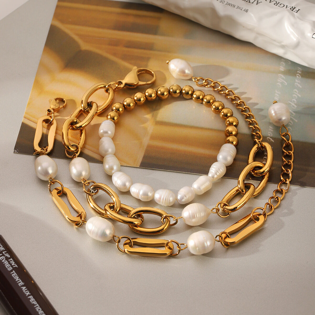 Elegant Stainless Steel Waterproof Gold Color Women's Pearl Beaded Bracelets h5 Picture3