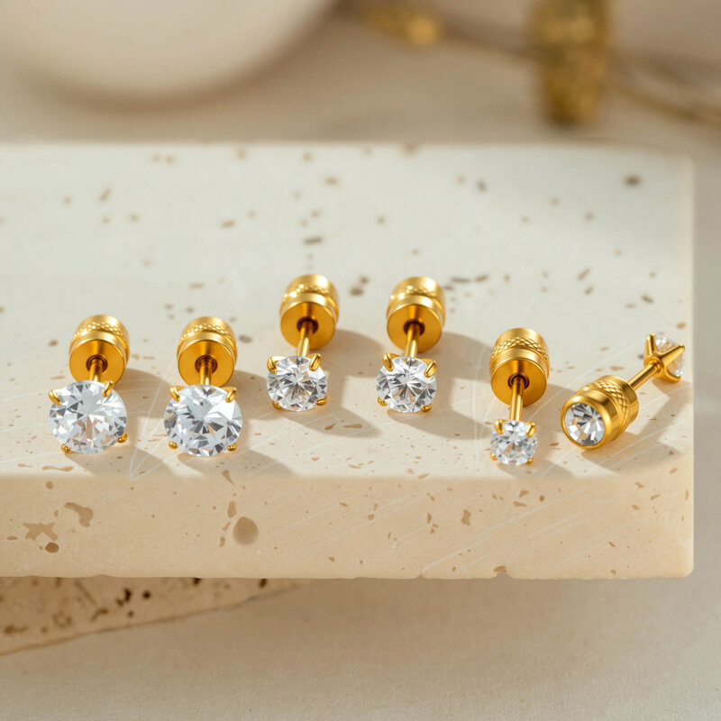 Luxury Simple Geometric Shape Stainless Steel Waterproof   Gold Color  Zircon Women's Piercing Earrings h5 Picture3