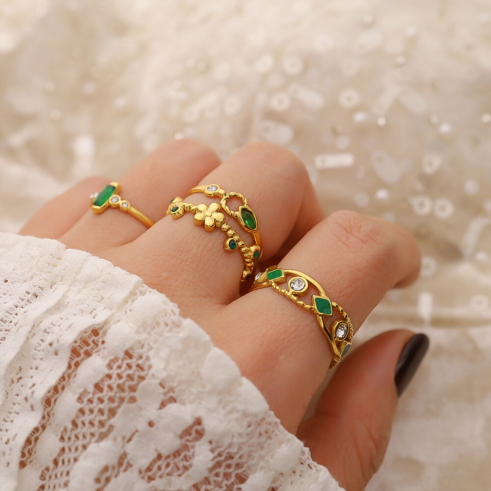 Simple Flower Rectangle Stainless Steel Waterproof Gold Color Zircon Women's Gemstone Rings h5 Picture3
