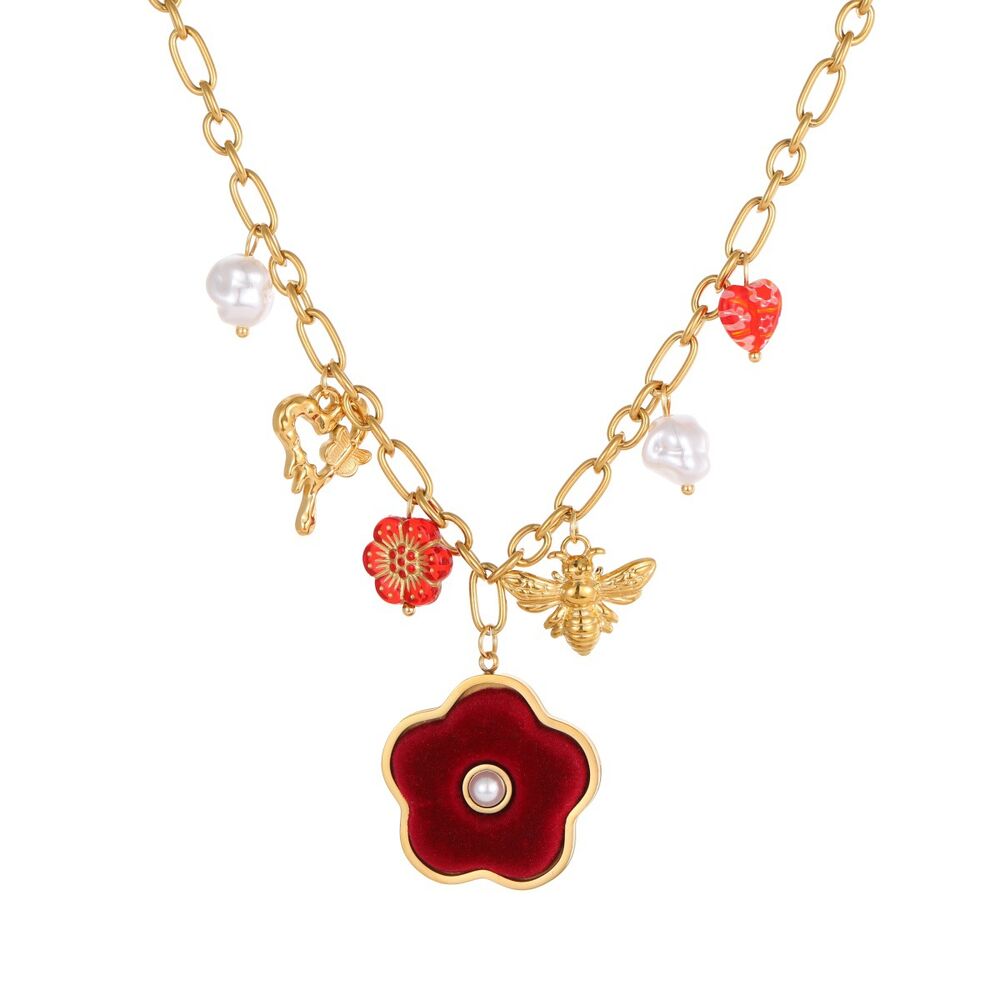 Retro Velvet Flower Butterfly Stainless Steel Waterproof Gold Color Women's Chain Necklaces Picture5