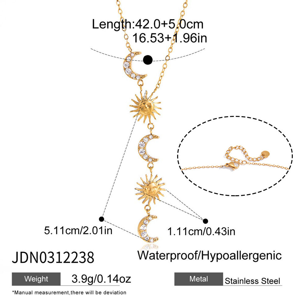 Sun & Moon Y-shape Stainless Steel Waterproof Gold Color Rhinestone Women's Pendant Necklaces