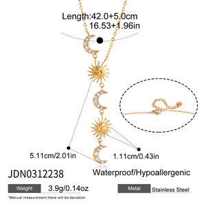 Sun & Moon Y-shape Stainless Steel Waterproof Gold Color Rhinestone Women's Pendant Necklaces h5