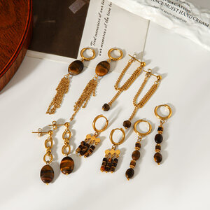 Tassel Stainless Steel Waterproof Gold Color Natural Stone Women's Drop Earrings h5 Picture6