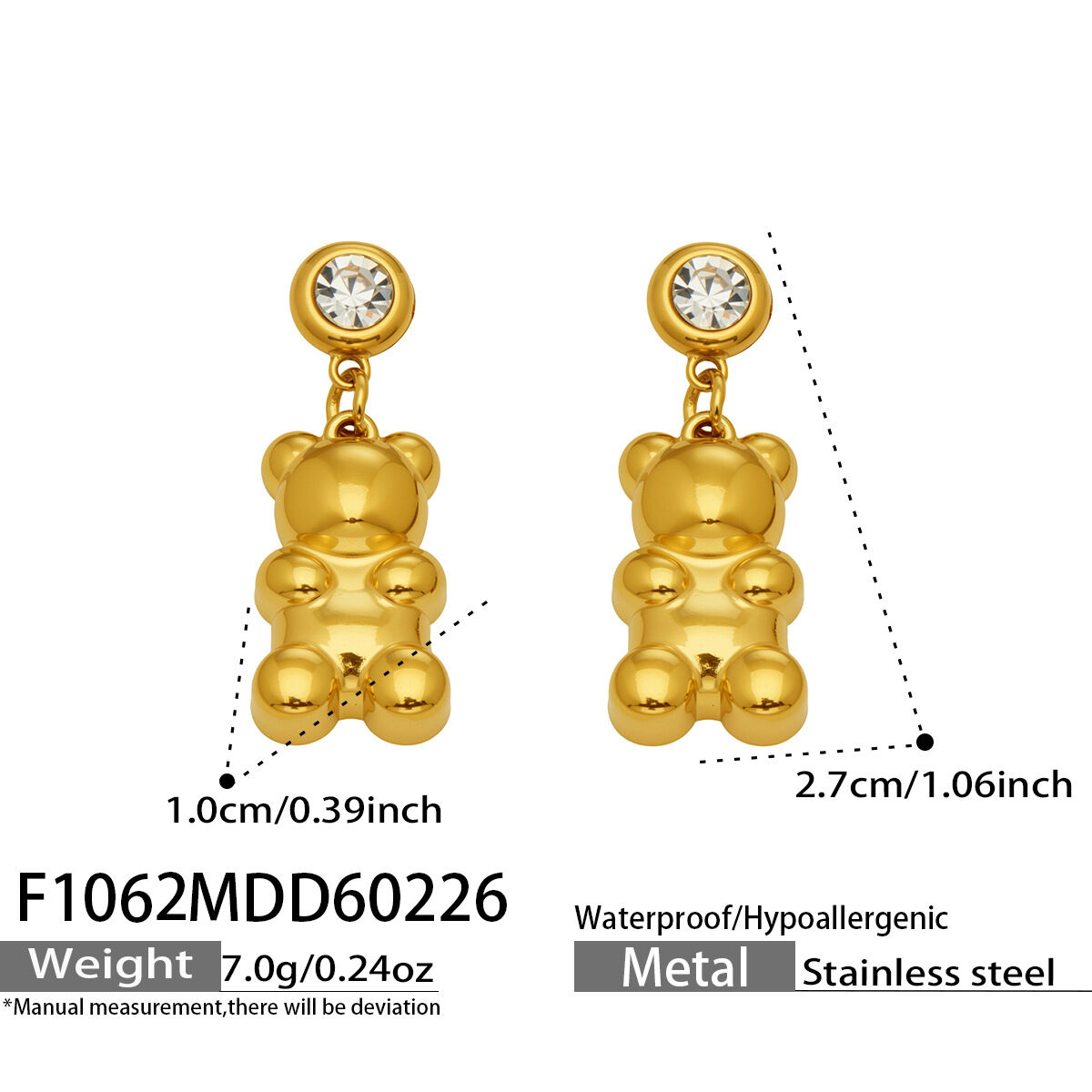 Cute Bear Stainless Steel Waterproof Gold Color Zircon Women's Drop Earrings h5 