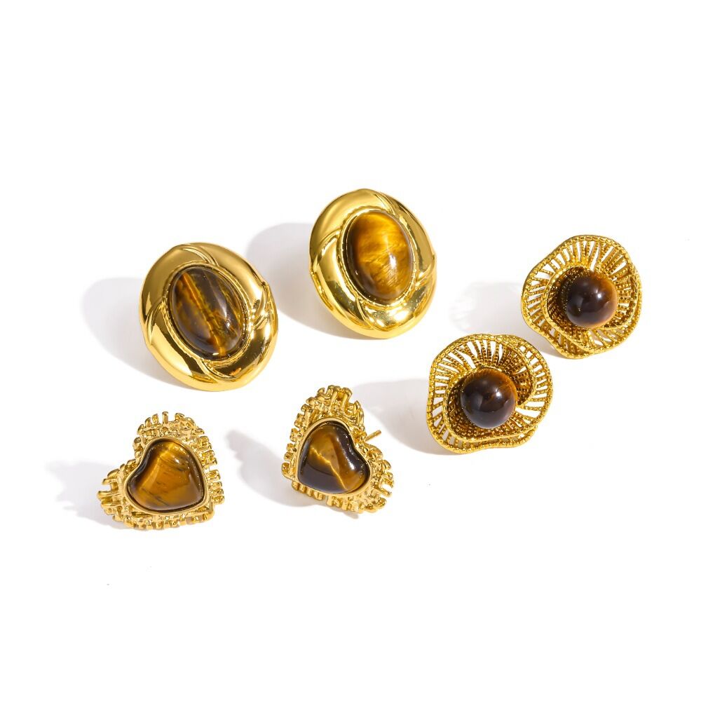 Retro Stainless Steel Waterproof Gold Color Natural Stone Women's Stud Earrings h5 Picture3