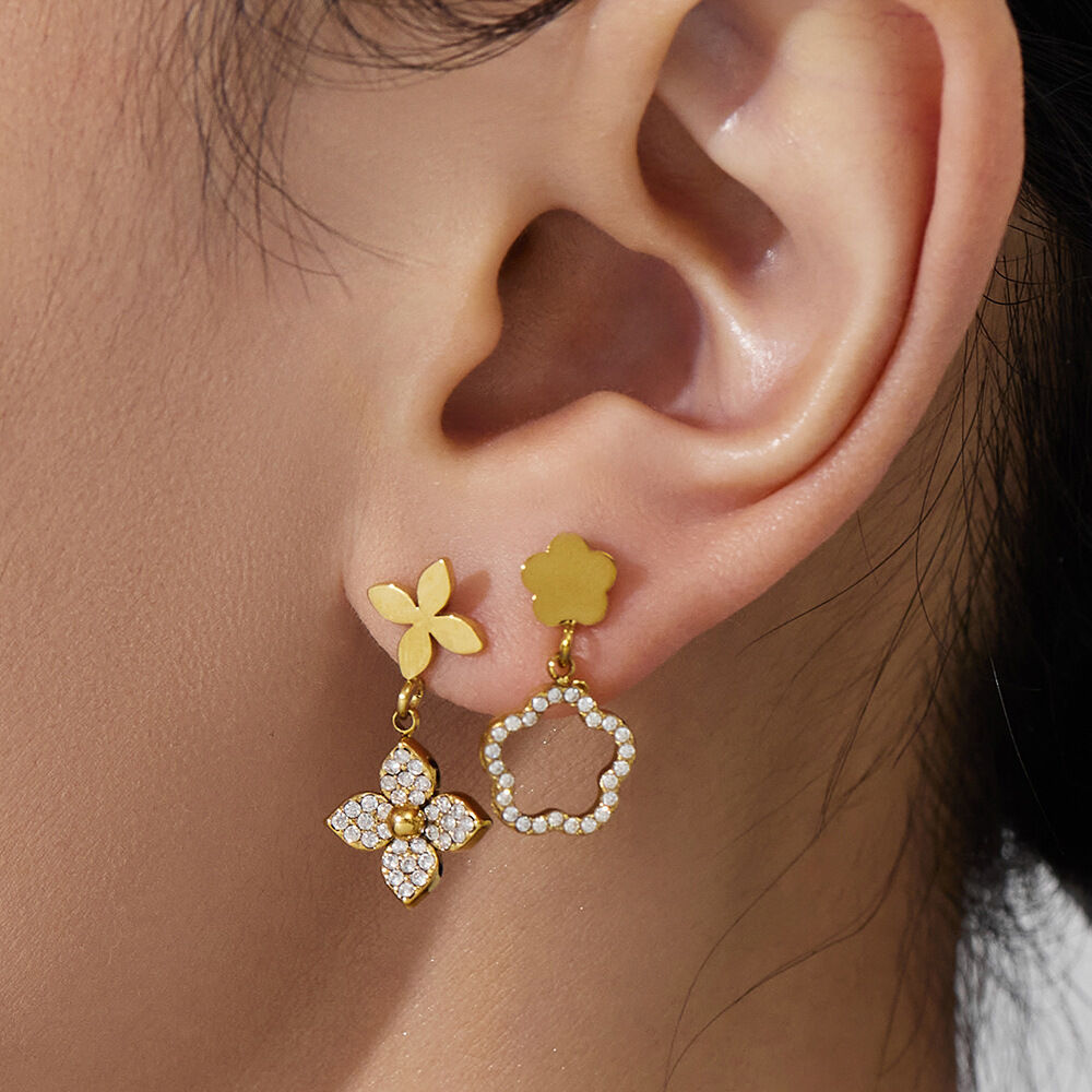 Classic Flower Stainless Steel Waterproof Gold Color Zircon Women's Drop Earrings Picture4