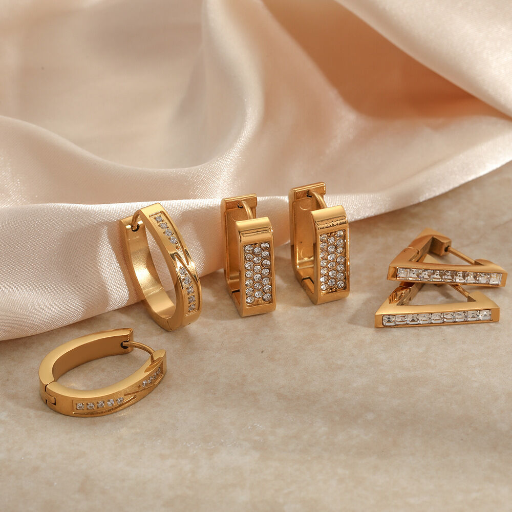 Daily Triangle Rectangle Stainless Steel Waterproof Gold Color Rhinestone Women's Hoop Earrings Picture2