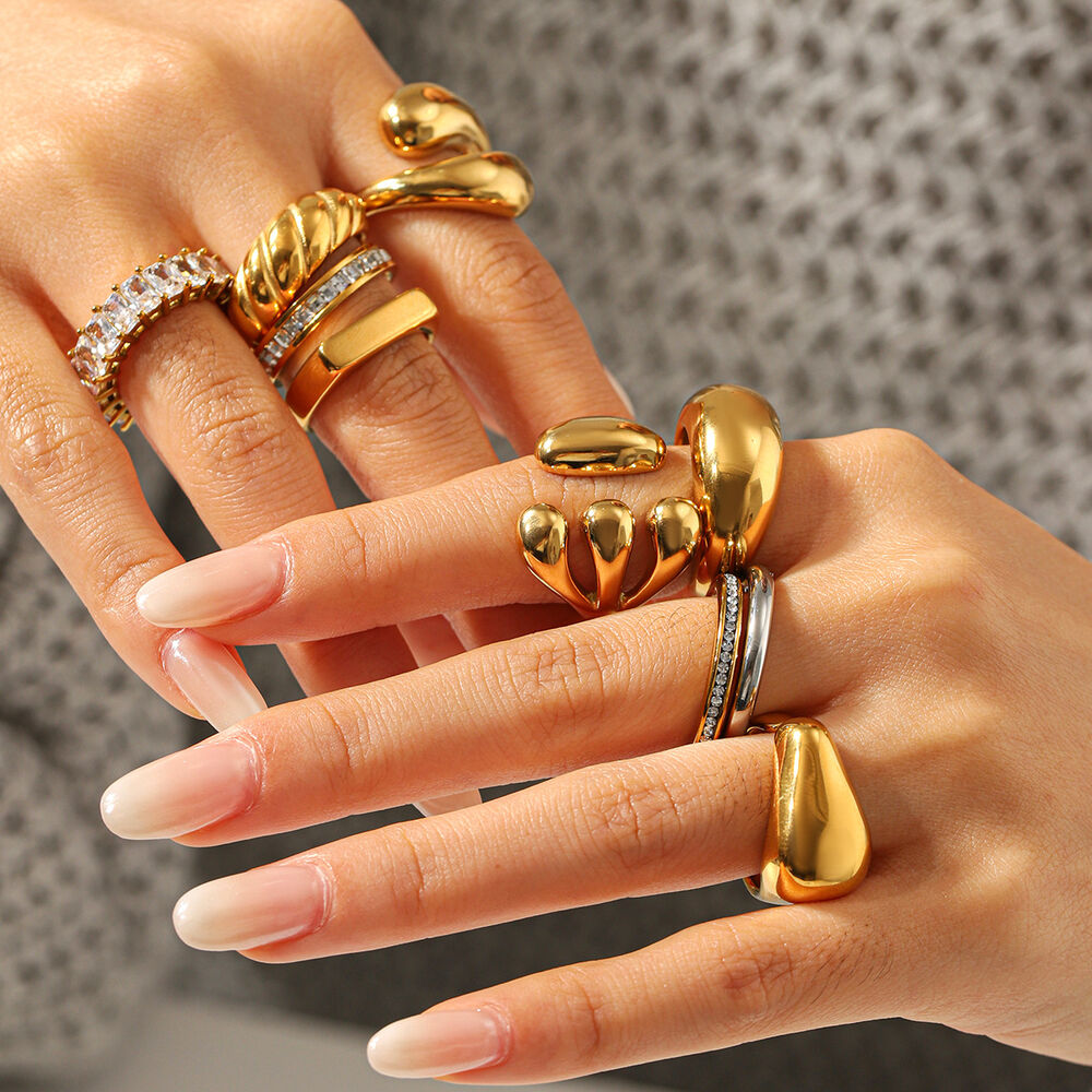 Daily Stainless Steel Waterproof Gold Color Zircon Statement Rings Picture4