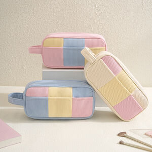 Simple Plaid Mixed Color Corduroy Women's Makeup Bags h5 Picture3